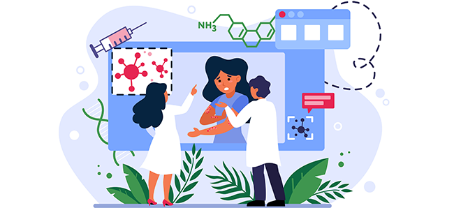 Illustration d’un diagnostic de la rougeole chez un enfant, avec symptômes cutanés visibles, scientifiques et schémas biologiques